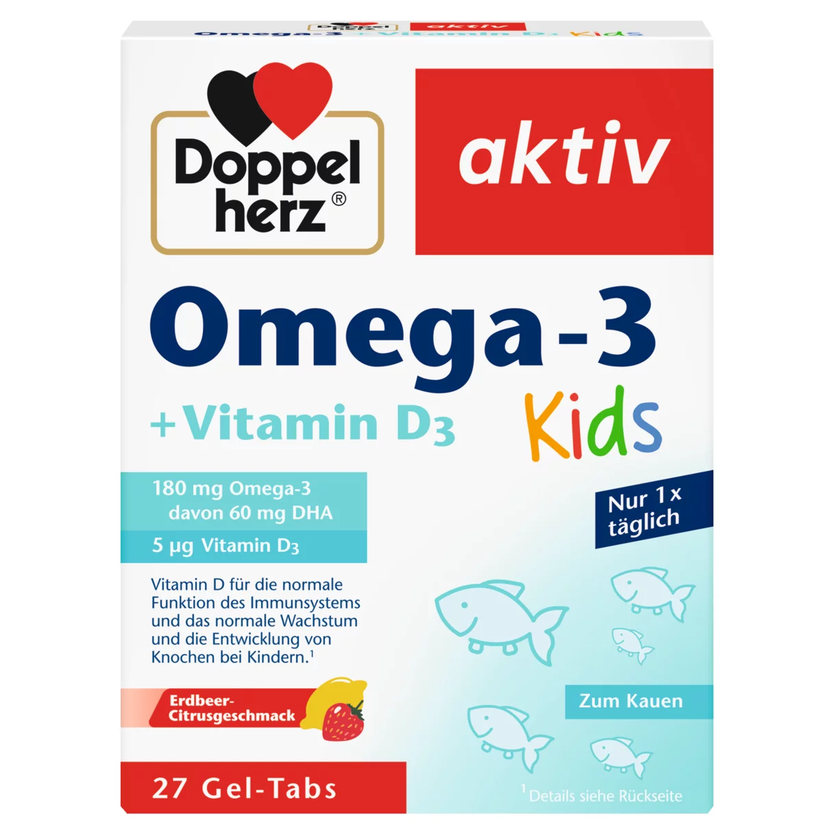 Abbildung der Produktverpackung Doppelherz aktiv Omega-3 + Vitamin D3 Kids Frontansicht